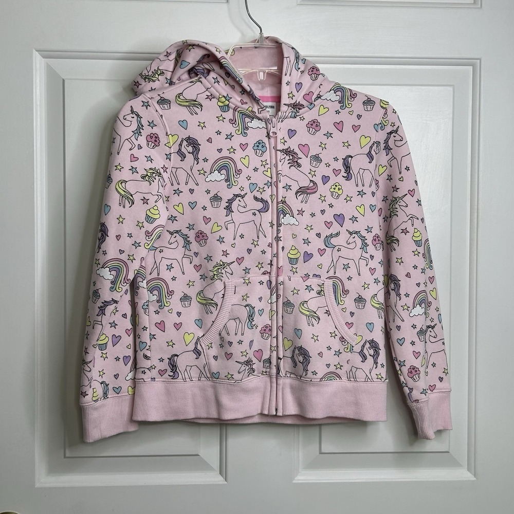 Spotted Zebra Pink Unicorn Hoodie Girls 10 Full Zip Rainbow Clouds Stars Hearts